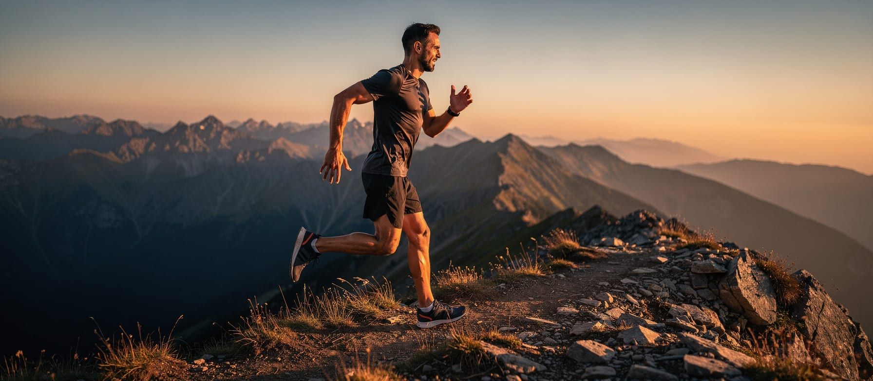 Man running on a sunrise trail, athletic performance and vascular health concept