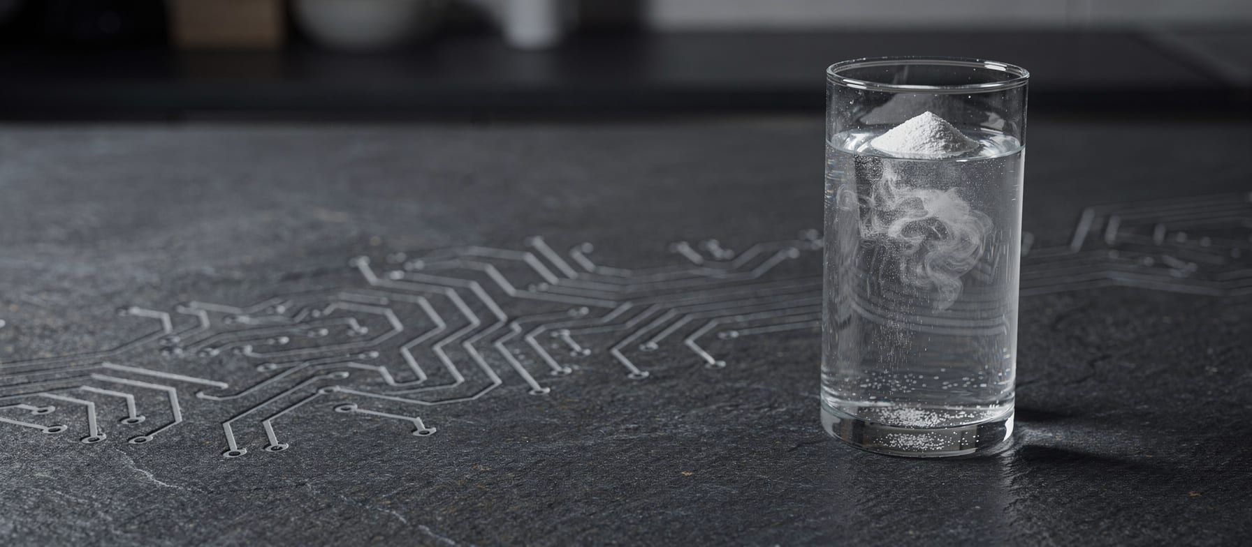 Glass of water with a scoop of creatine powder beside a brain-shaped decision maze illustration, dark countertop